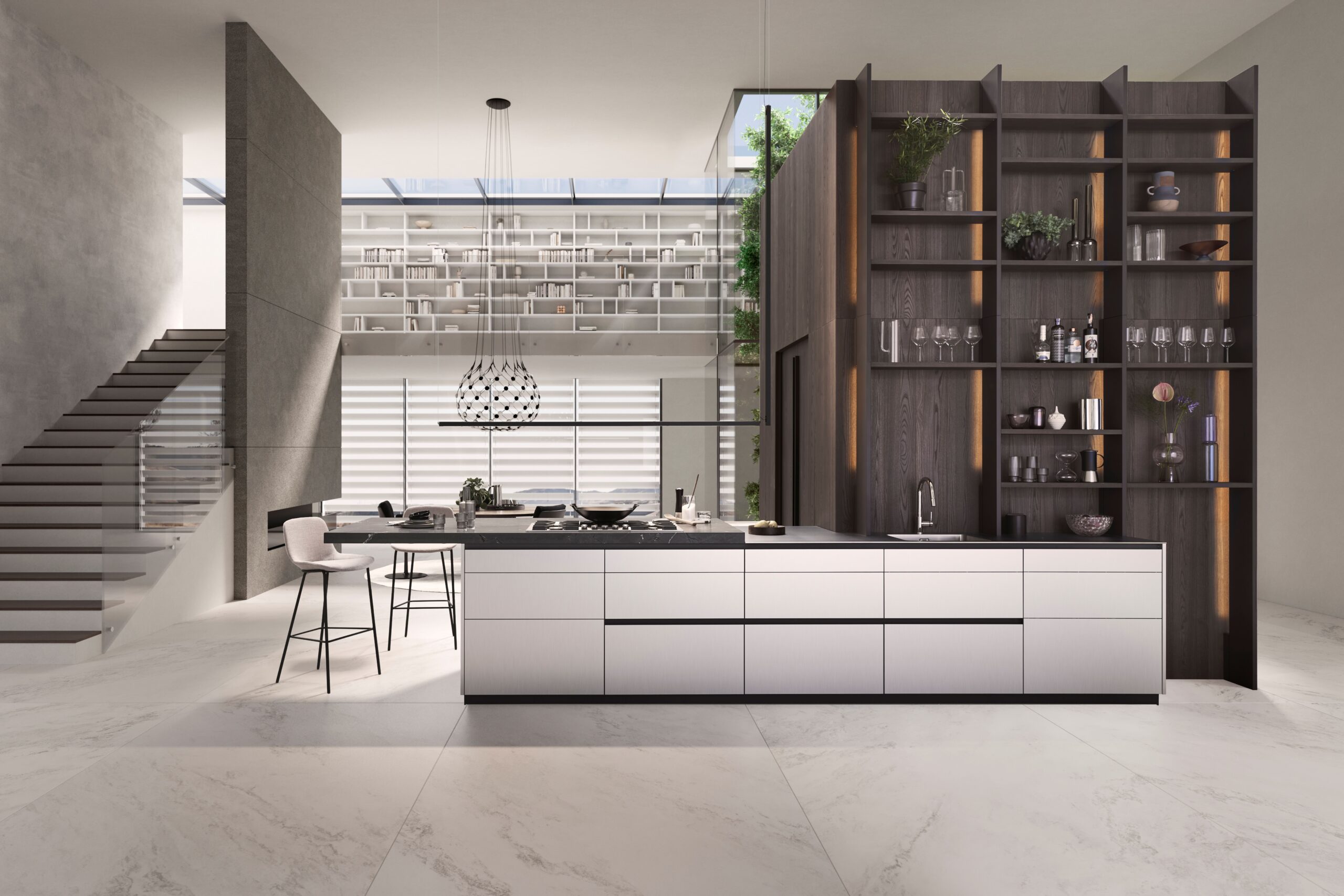 Modern kitchen with a sleek island, dark cabinetry, and open shelving. Large windows illuminate the space, highlighting its contemporary design.