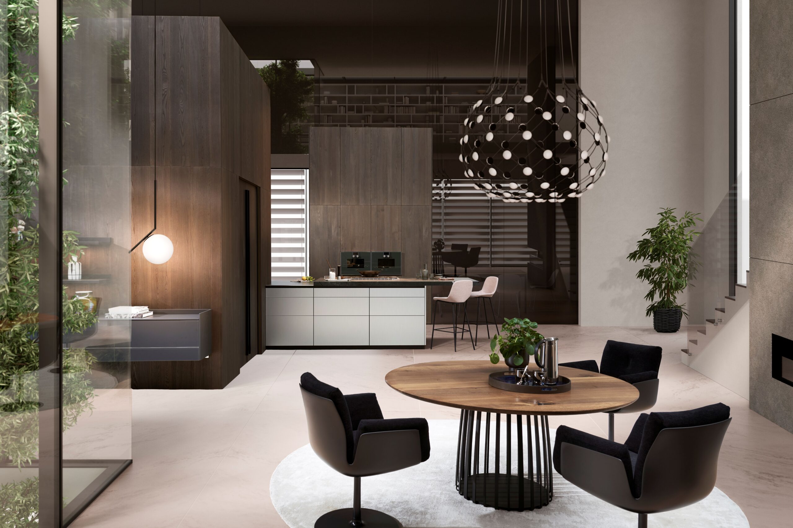 Modern kitchen and dining area featuring sleek cabinetry, stylish chairs, and a unique chandelier, showcasing contemporary design elements and natural light.